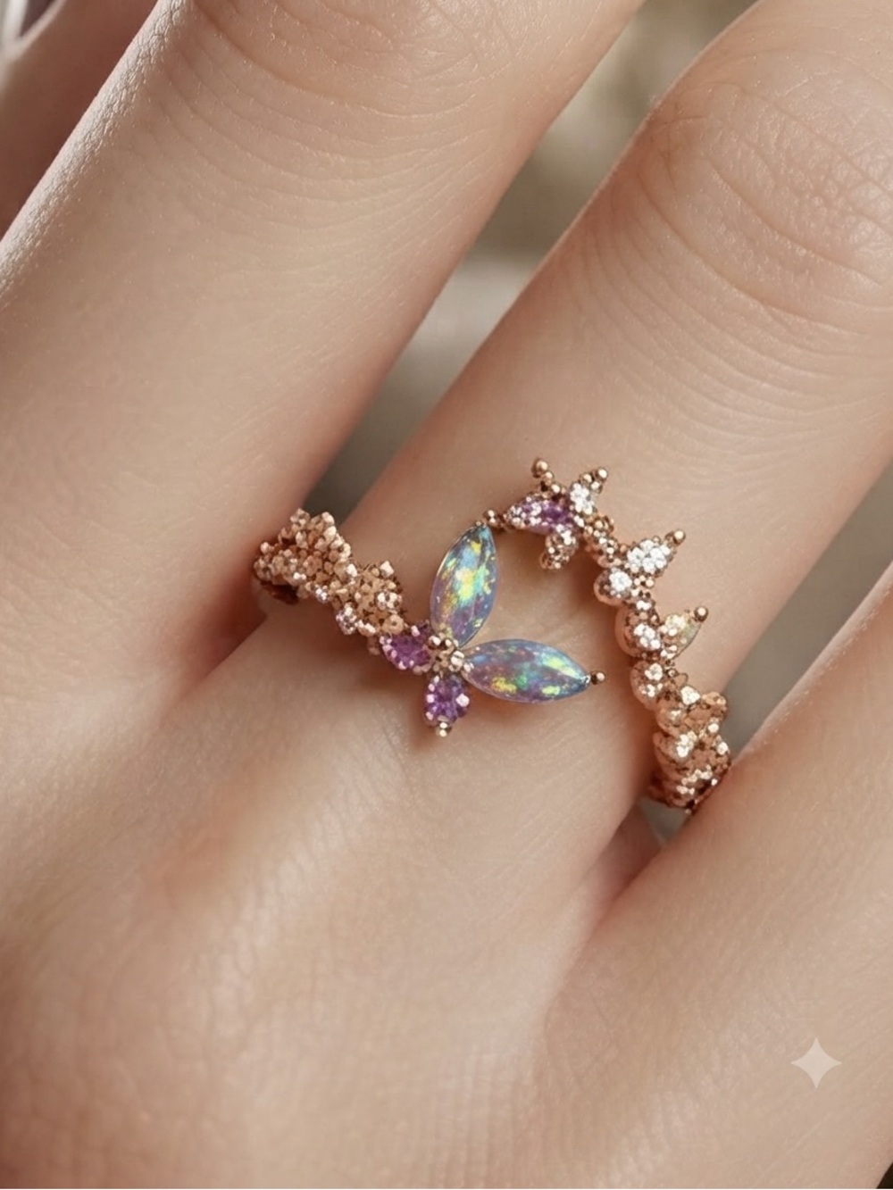Rose Gold iridescent Opal like Butterfly Ring